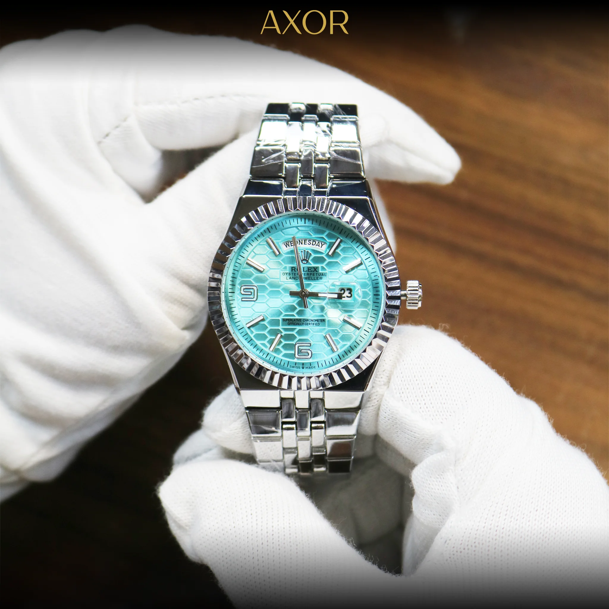 Tiffany Blue dial closeup with day-date complications