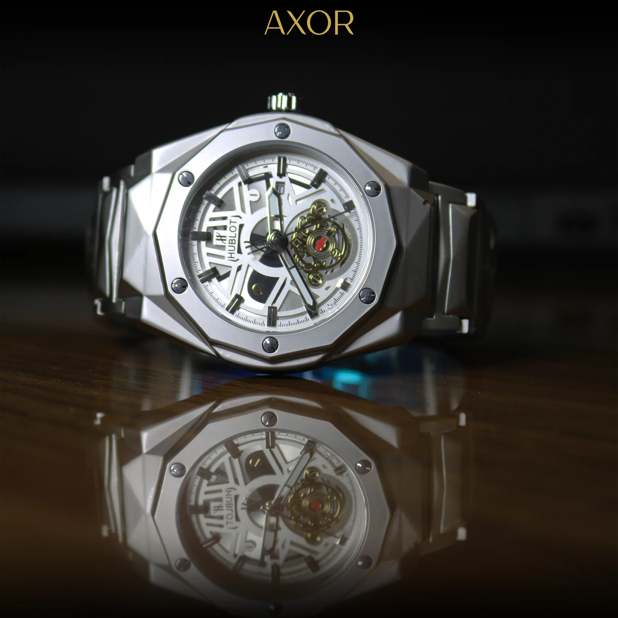Skeleton semi-automatic movement visible through dial